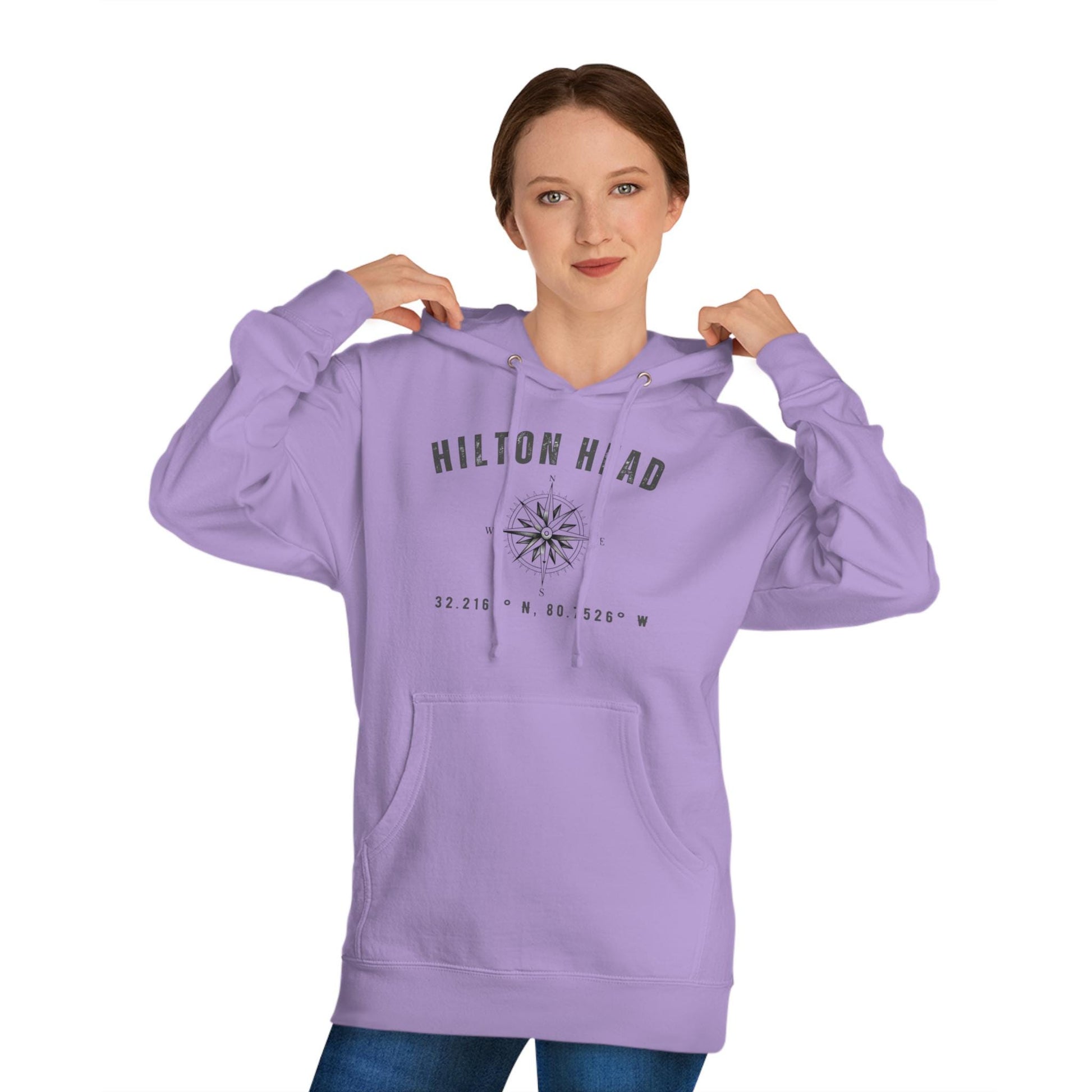 Hoodie Sweatshirt with Compass Rose and Latitude/Longitude Coordinates of HHI