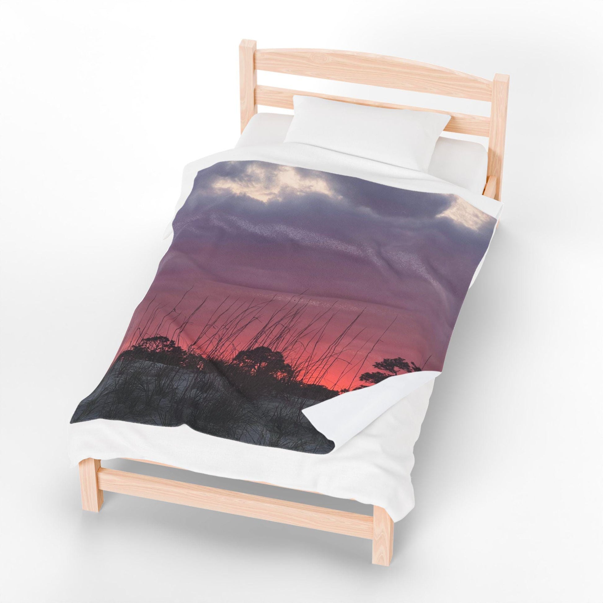 Velveteen Blanket With Purple and Orange Sunset And Dunes