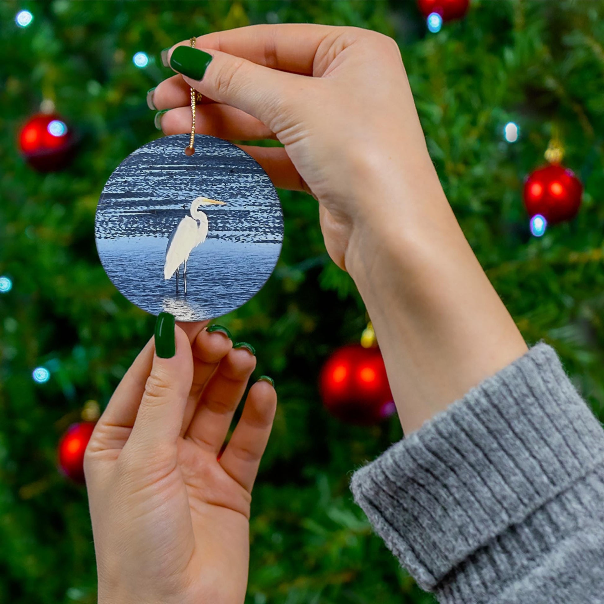 Christmas Ornament, With Great White Egret On Beach, Hilton Head Island