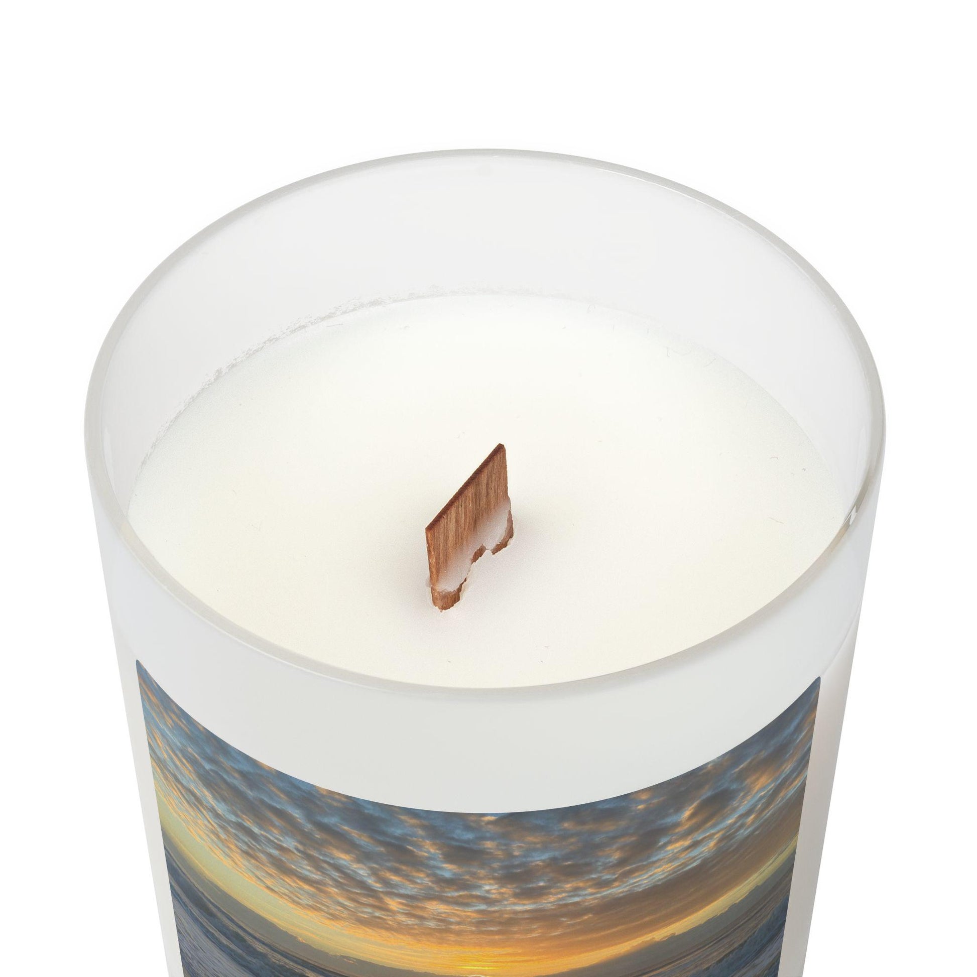 Wood Wick Container Candle With Sunrise And Clouds on HHI (11 oz.)