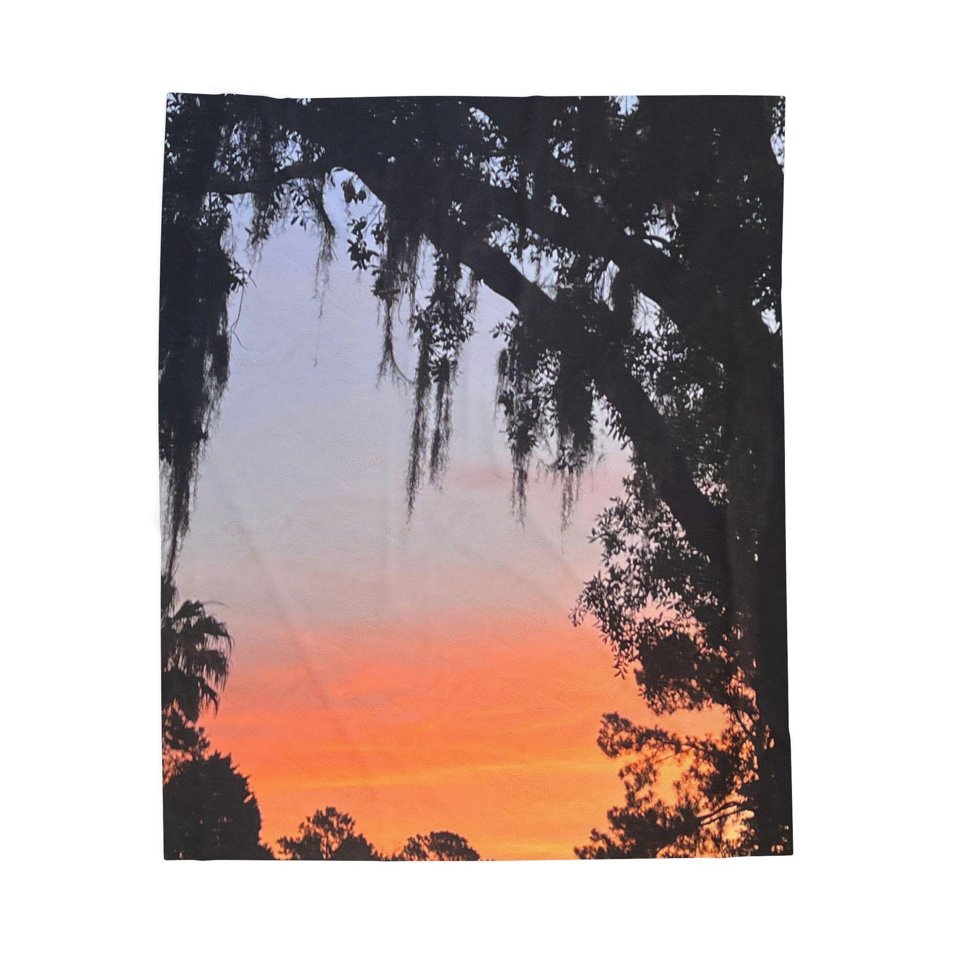 Velveteen Blanket with Image of Live Oak and Spanish Moss At Sunset