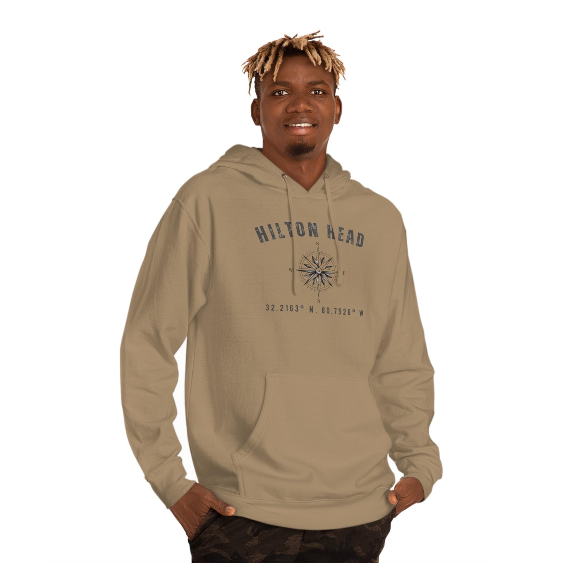 Hoodie Sweatshirt with Compass Rose and Latitude/Longitude Coordinates of HHI