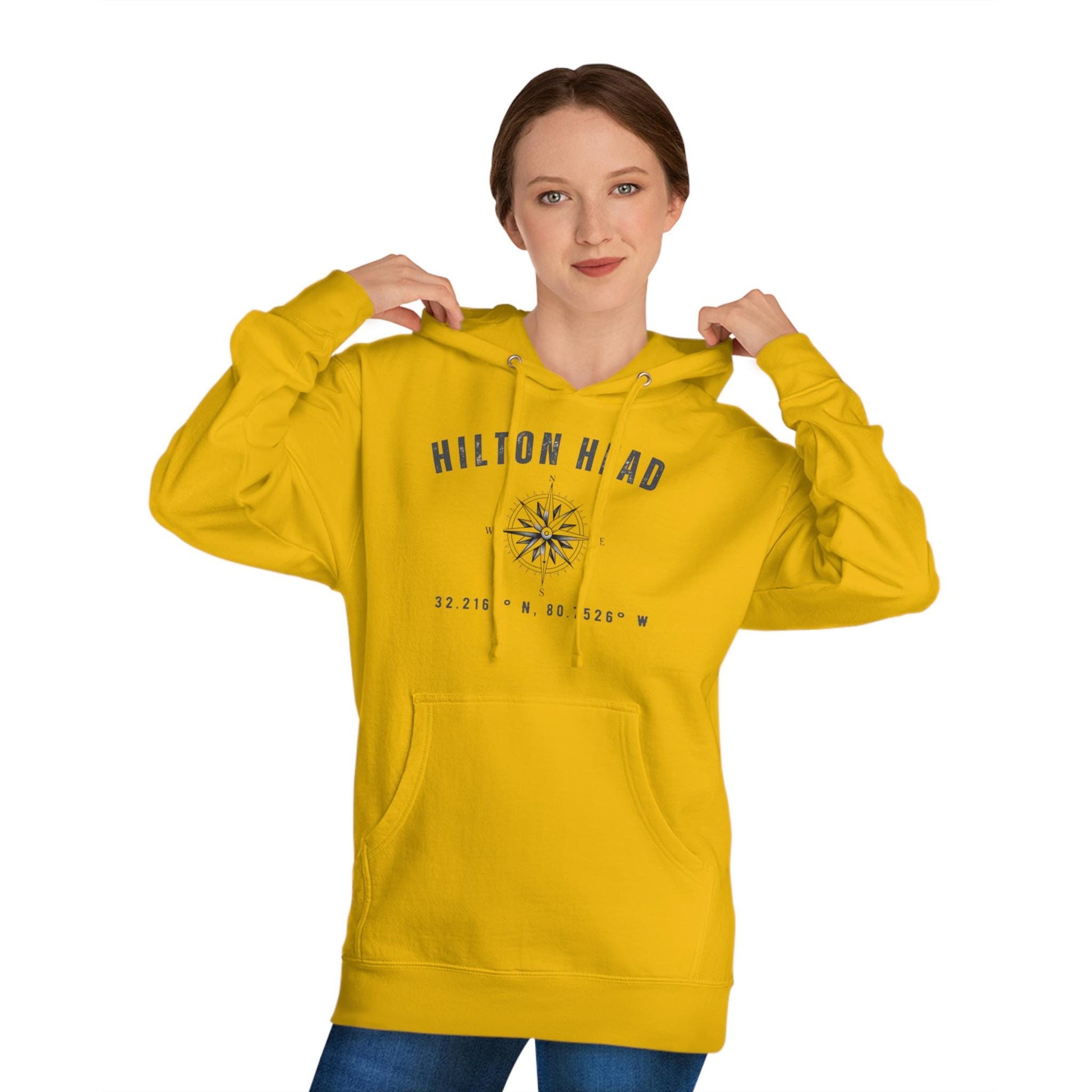 Hoodie Sweatshirt with Compass Rose and Latitude/Longitude Coordinates of HHI