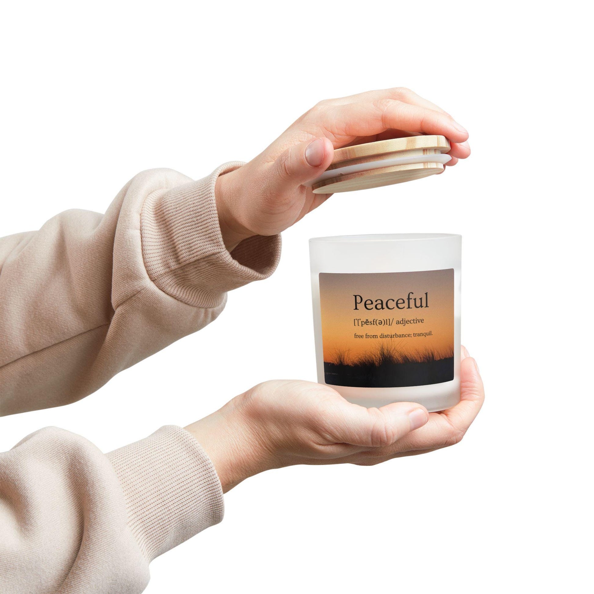 Wood Wick Container Candle "Peaceful" Definition Orange Sunset On HHI (11 oz.)