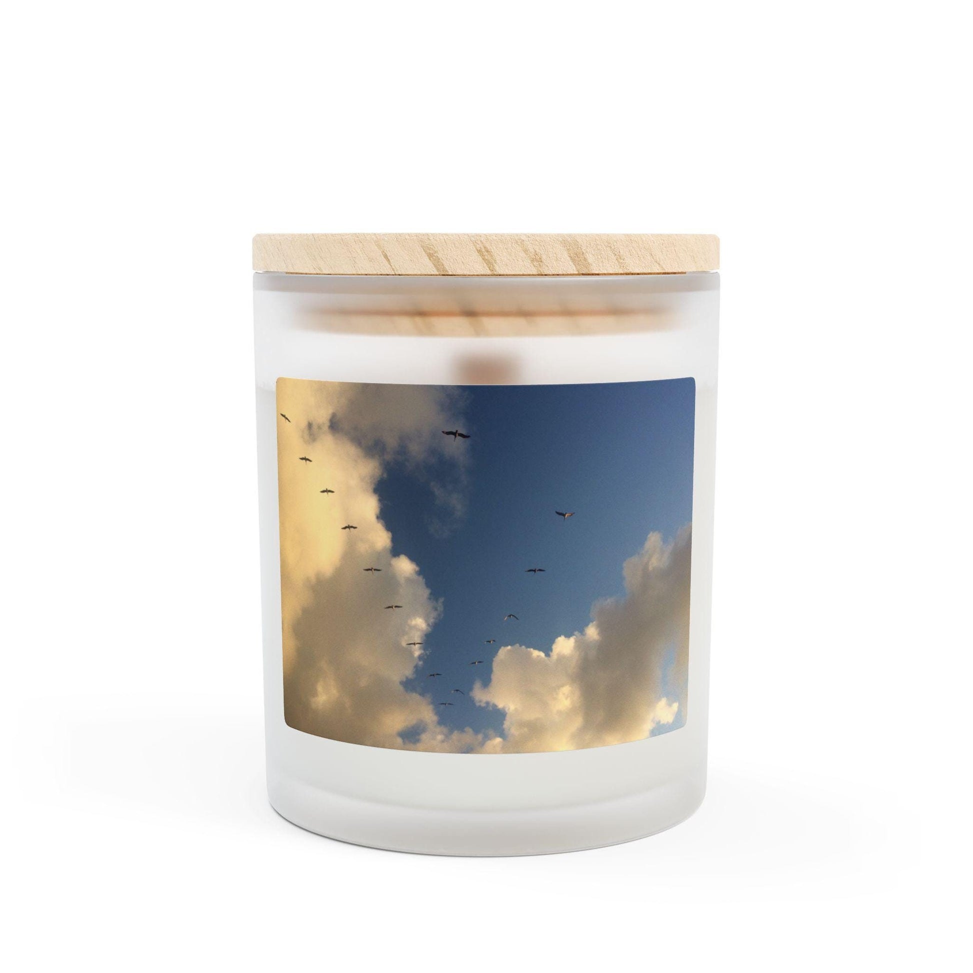 Wood Wick Container Candle Sand Hill Cranes In Blue Sky and clouds (11 oz.)