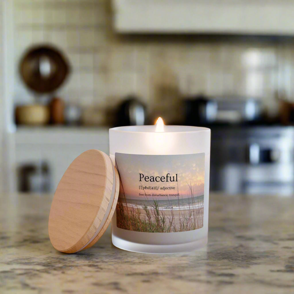 Wood Wick Container Candle With Word "Peaceful" And A Hilton Head Beach Sunset (11 oz.)