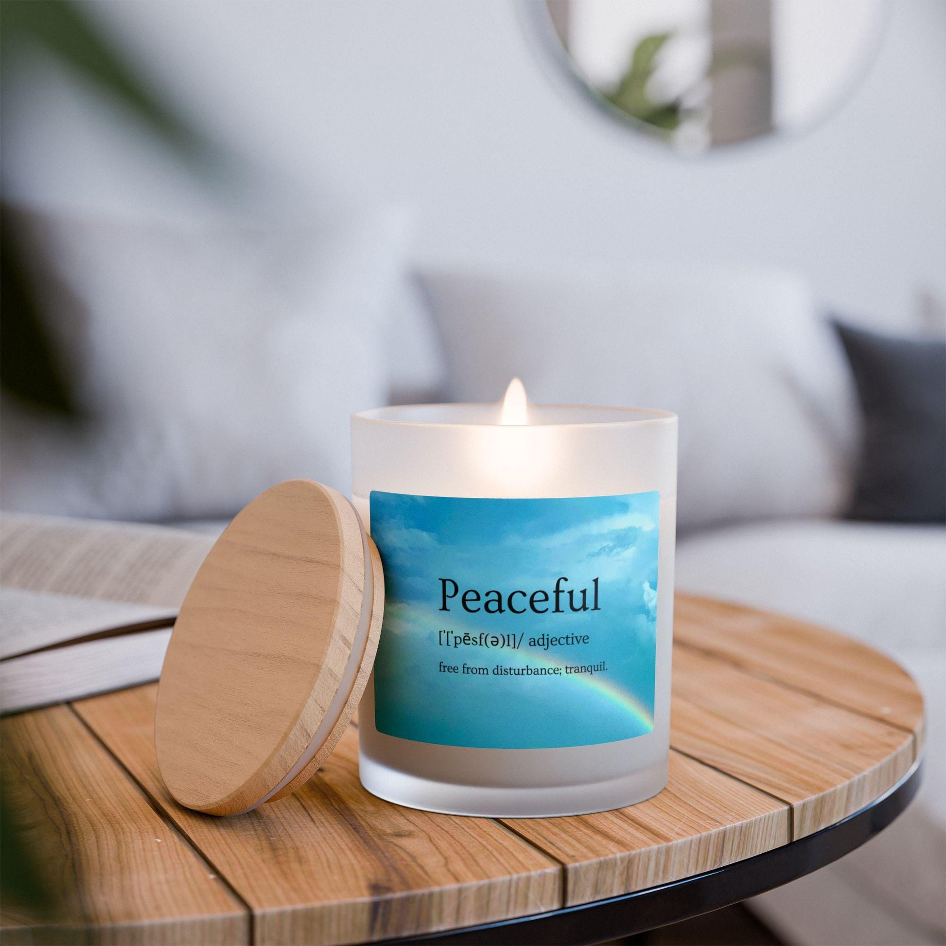 Wood Wick Container Candle "Peaceful" Definition With Rainbow In A Blue Sky (11 oz.)
