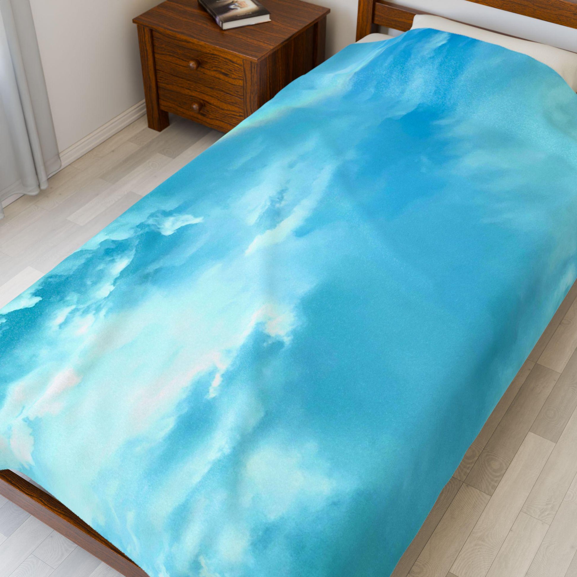 Velveteen Blanket With Blue Sky, Clouds and Rainbow