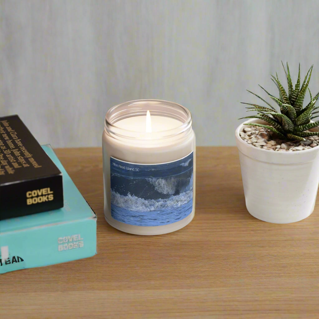Jar Candle (9oz) With Blue Waves On The Shore of HHI