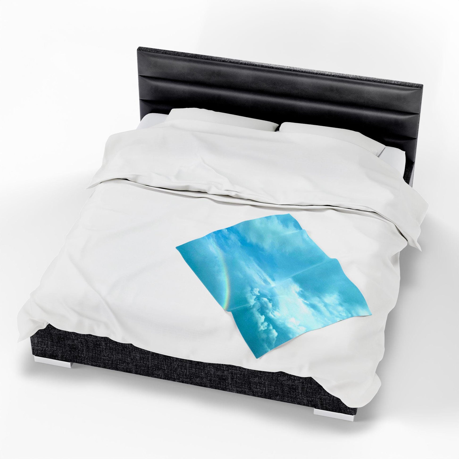 Velveteen Blanket With Blue Sky, Clouds and Rainbow
