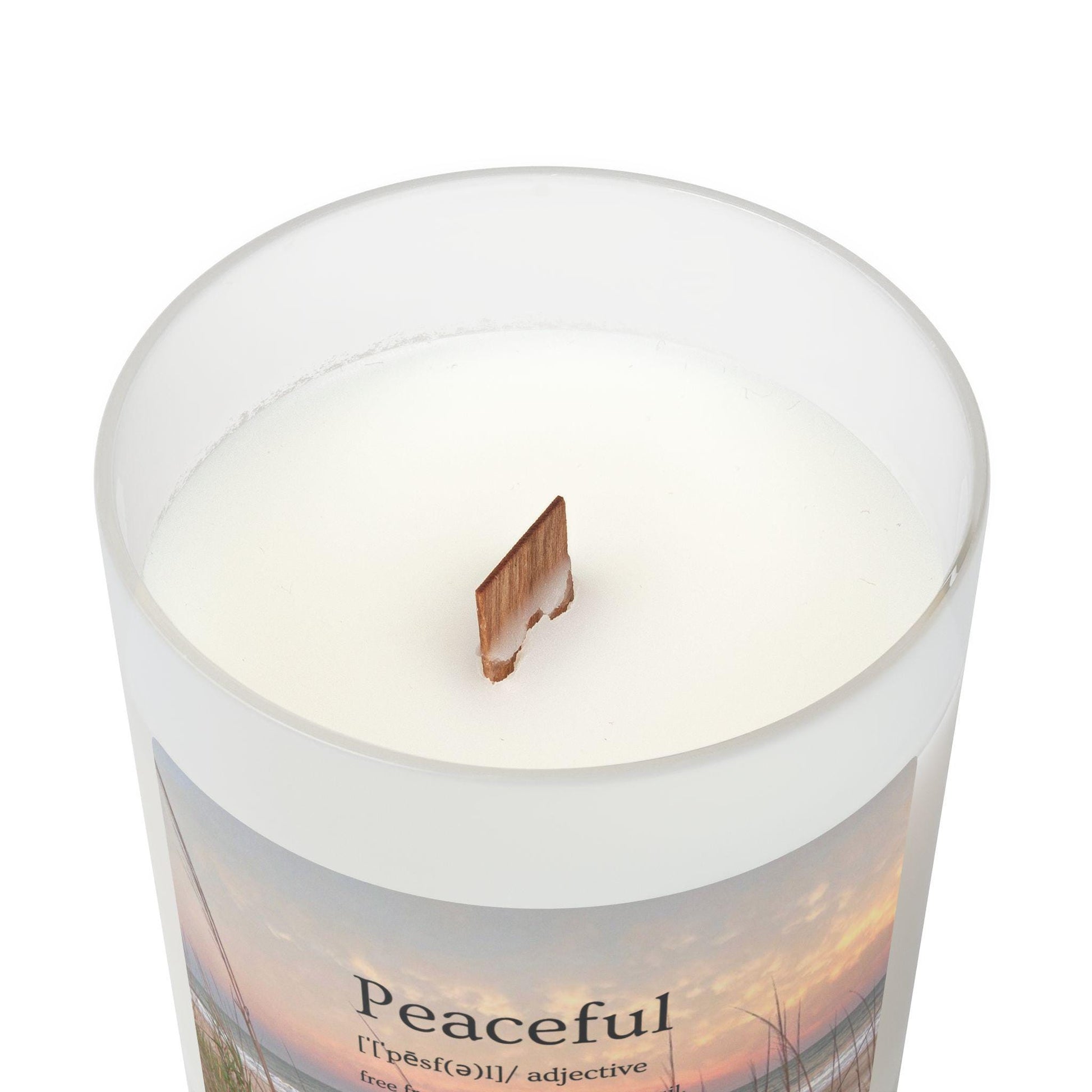 Wood Wick Container Candle With Word "Peaceful" And A Hilton Head Beach Sunset (11 oz.)