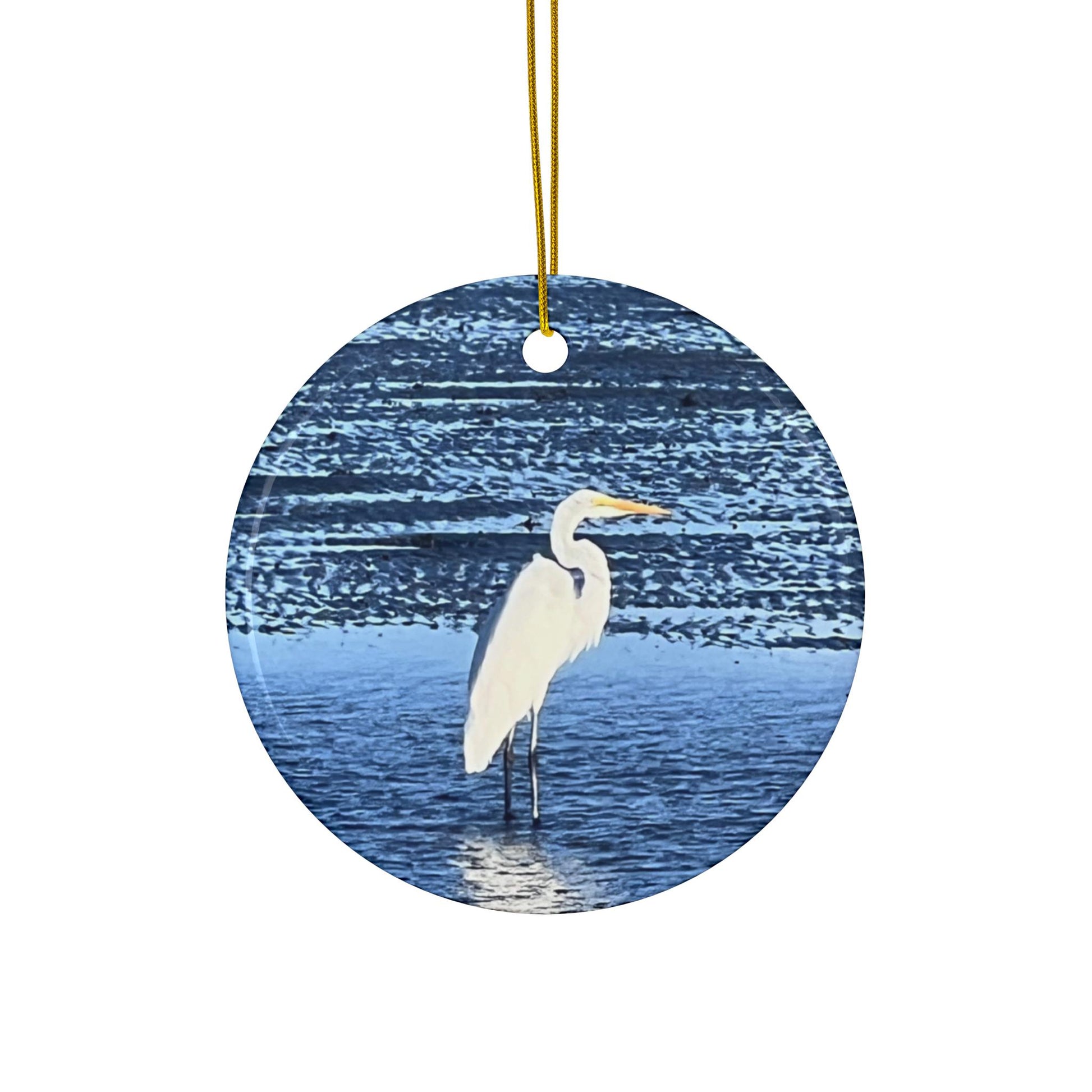 Christmas Ornament, With Great White Egret On Beach, Hilton Head Island